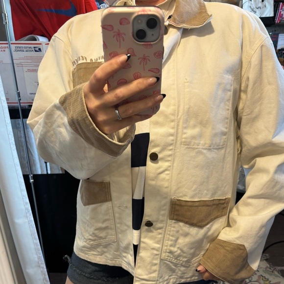 Carhartt Jacket Cream Canvas Brown Cord Collar Barn Coat - Picture 6 of 9